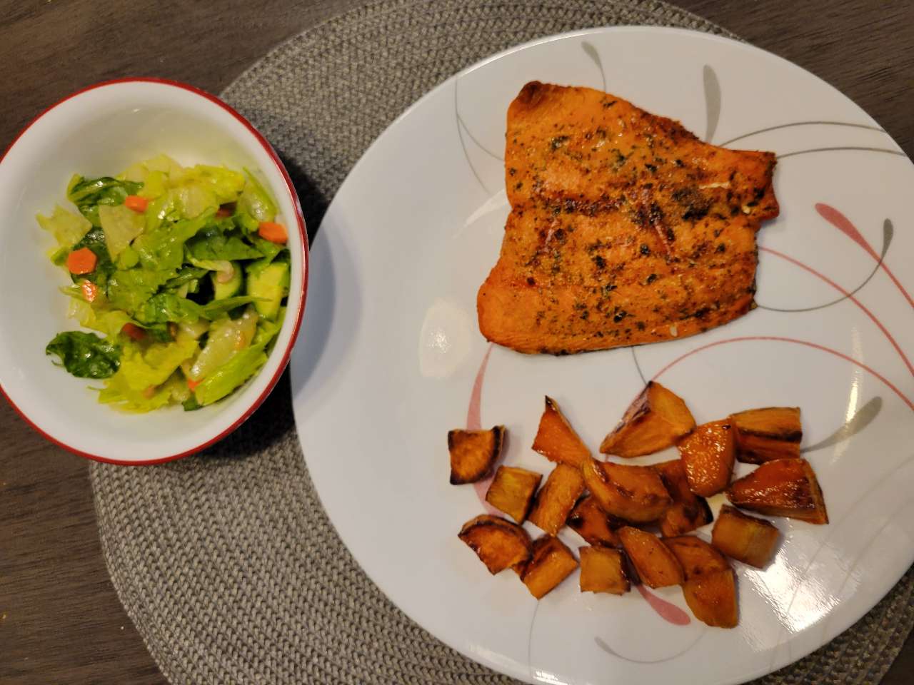 Dinner wild caught Alaskan sockeye salmon, roasted sweet potatoes