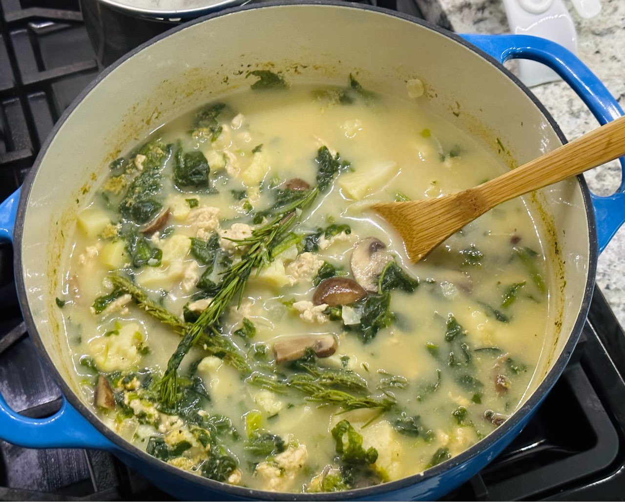 Low fat cauliflower and spinach soup with turkey, garbanzo beans