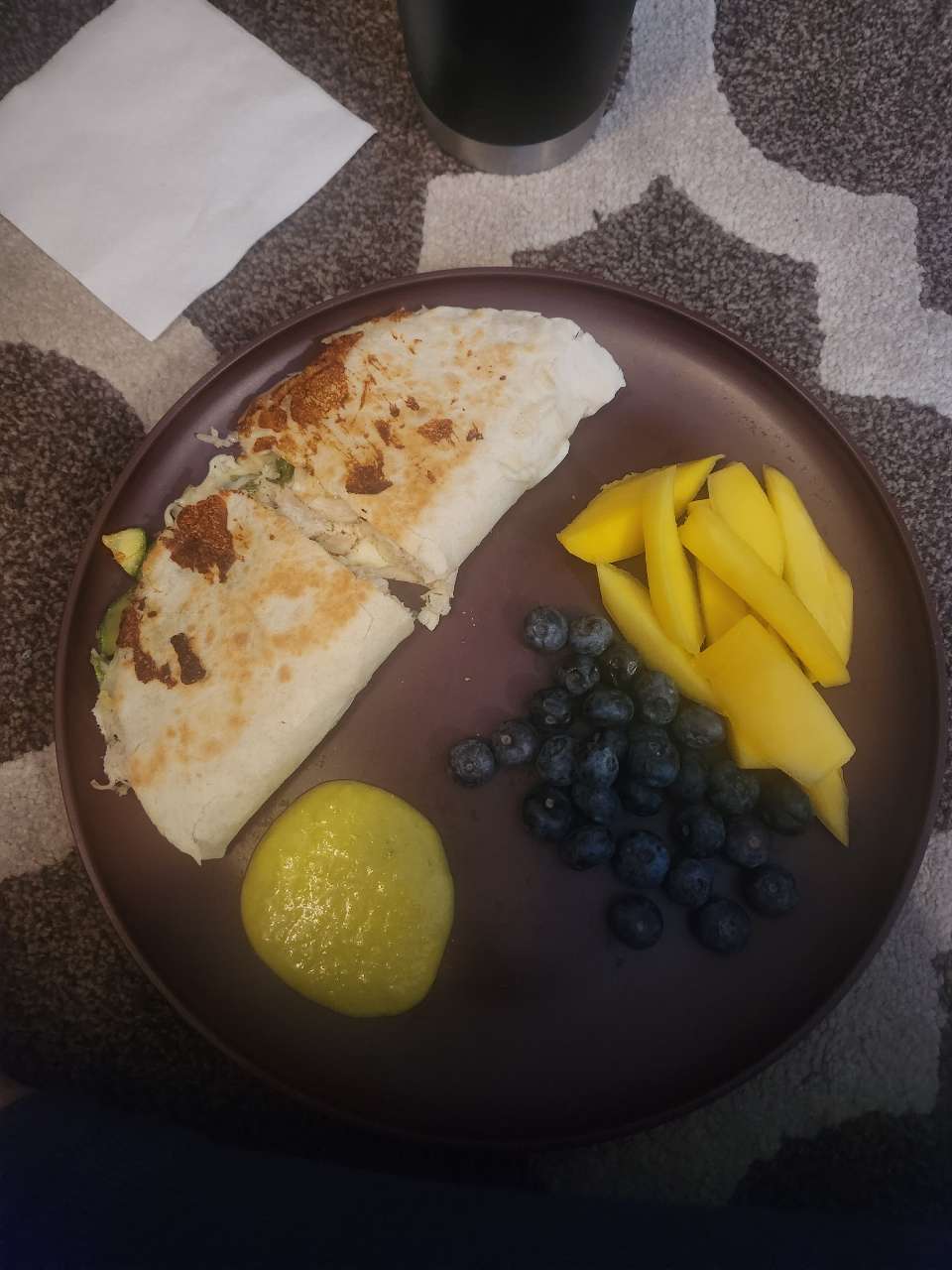 Chicken quesadilla with jalapeños and Mexican squash with a side of