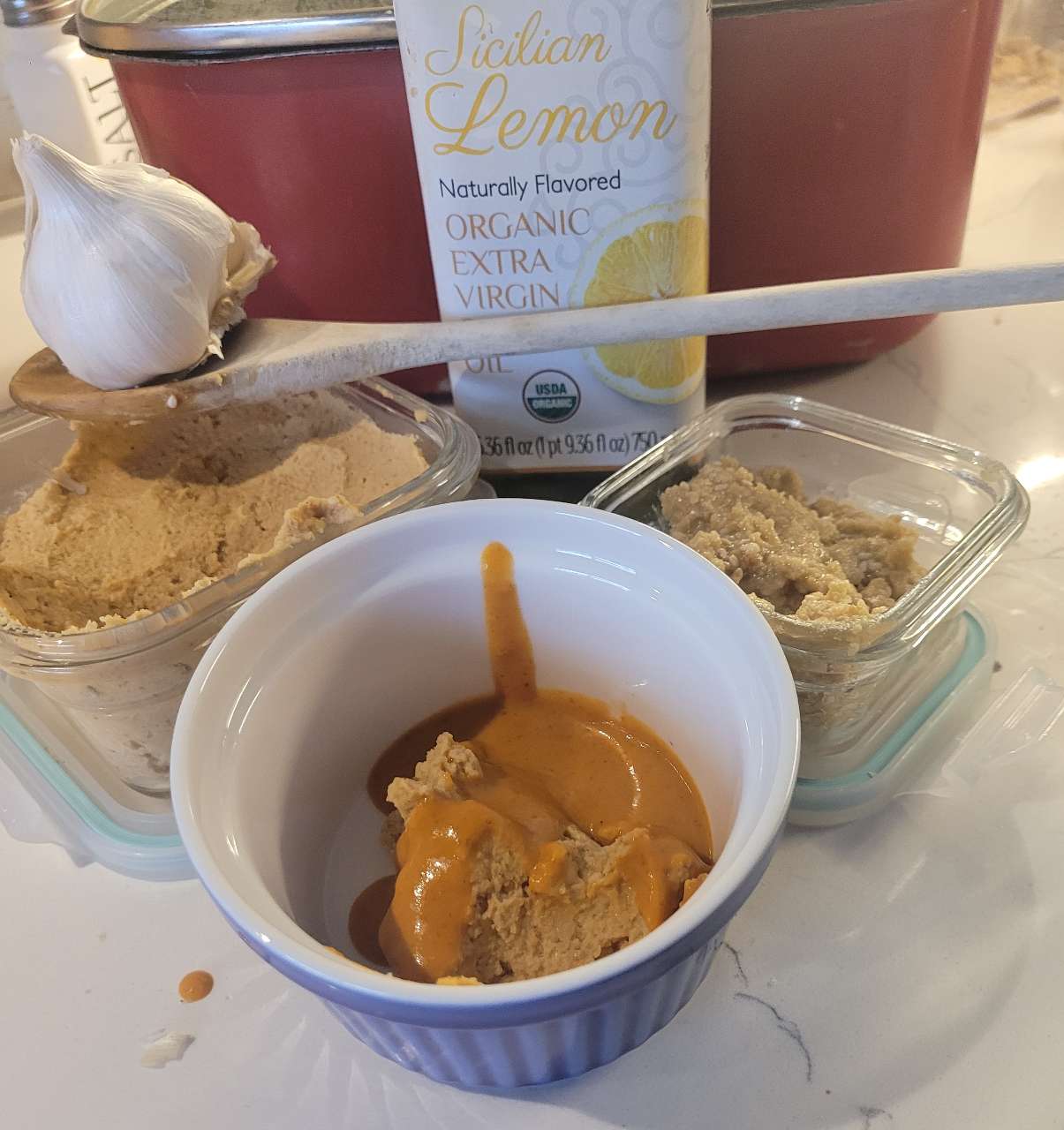 Homemade toasted garlic, lemon olive oil Tahini. Homemade spicy ranch Hummus. With Chipoltle