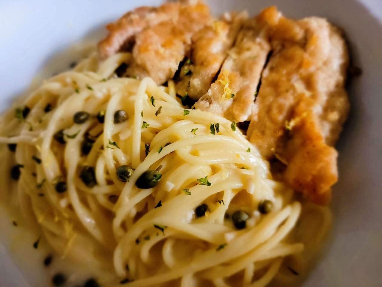 Chicken Piccata Garlic, white wine, lemon & capers for the sauce. Pan