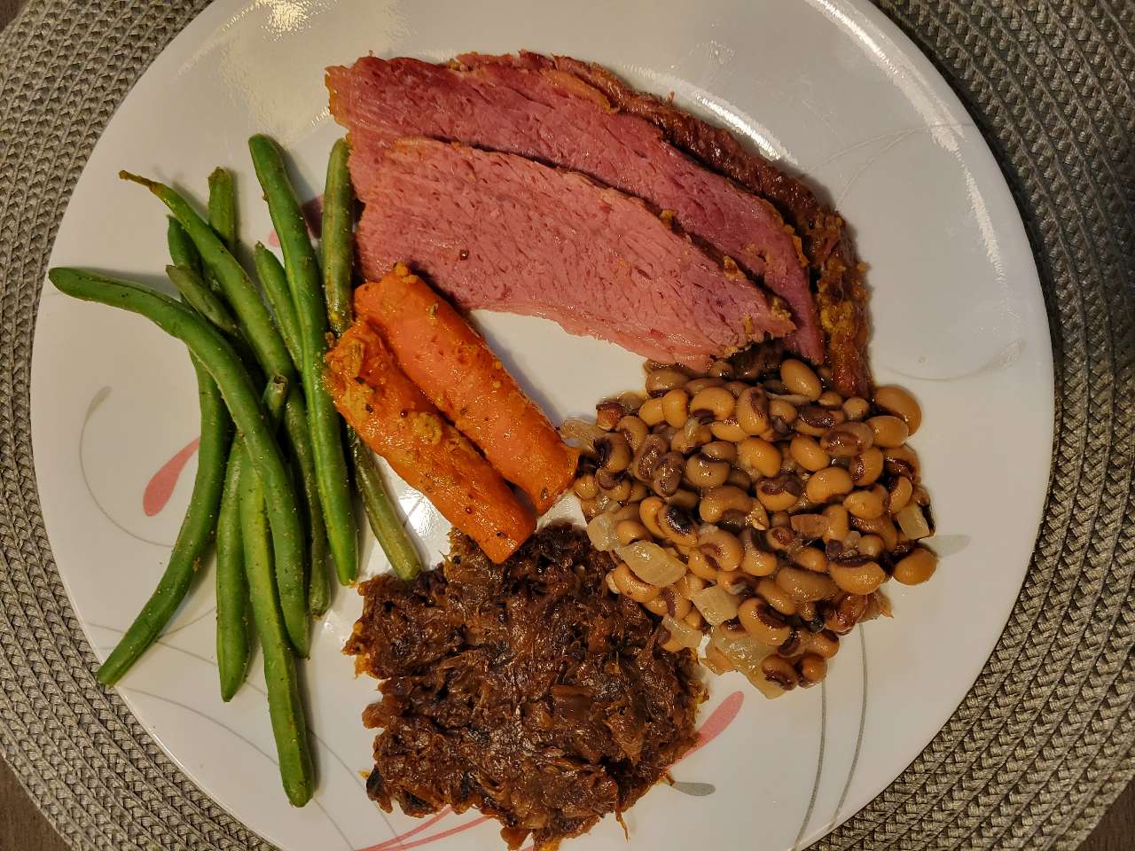 New Year lunch. Corned beef brisket, black eyed peas, smothered cabbage, green beans, and