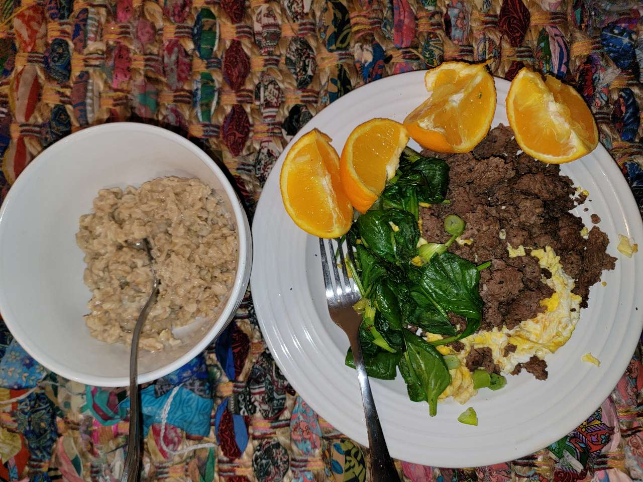 lean ground beef, scrambled eggs, spinach and green onions. side of Oatmeal made with coconut