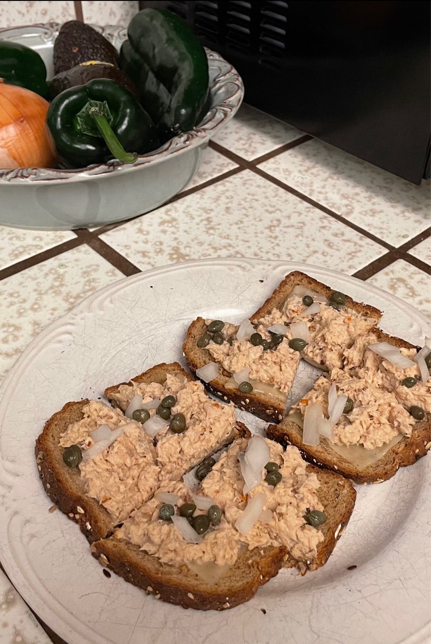My only bread today open faced salmon melt with thin Swiss cheese