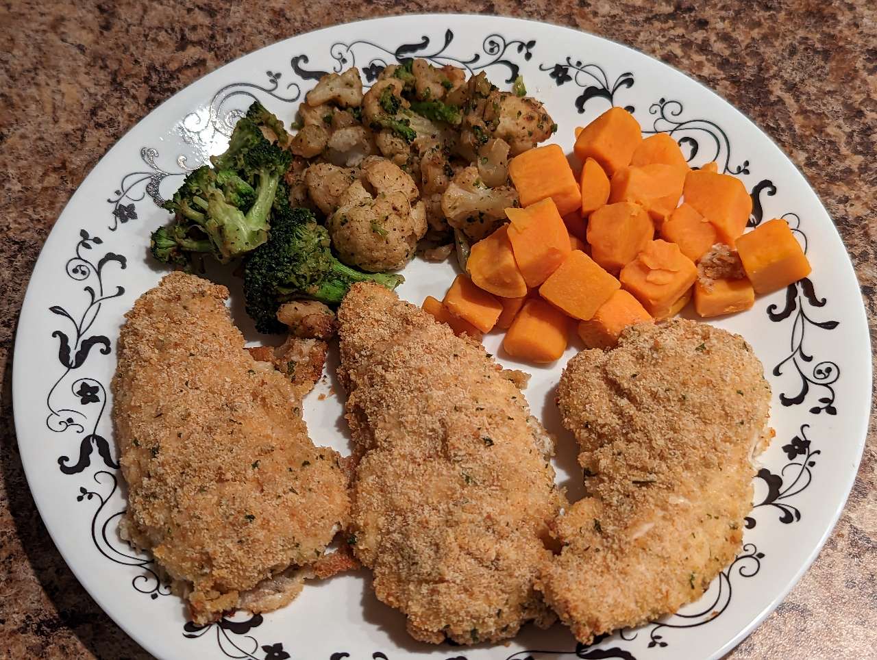And dinner is yogurt marinated chicken, broccoli and cauliflower and