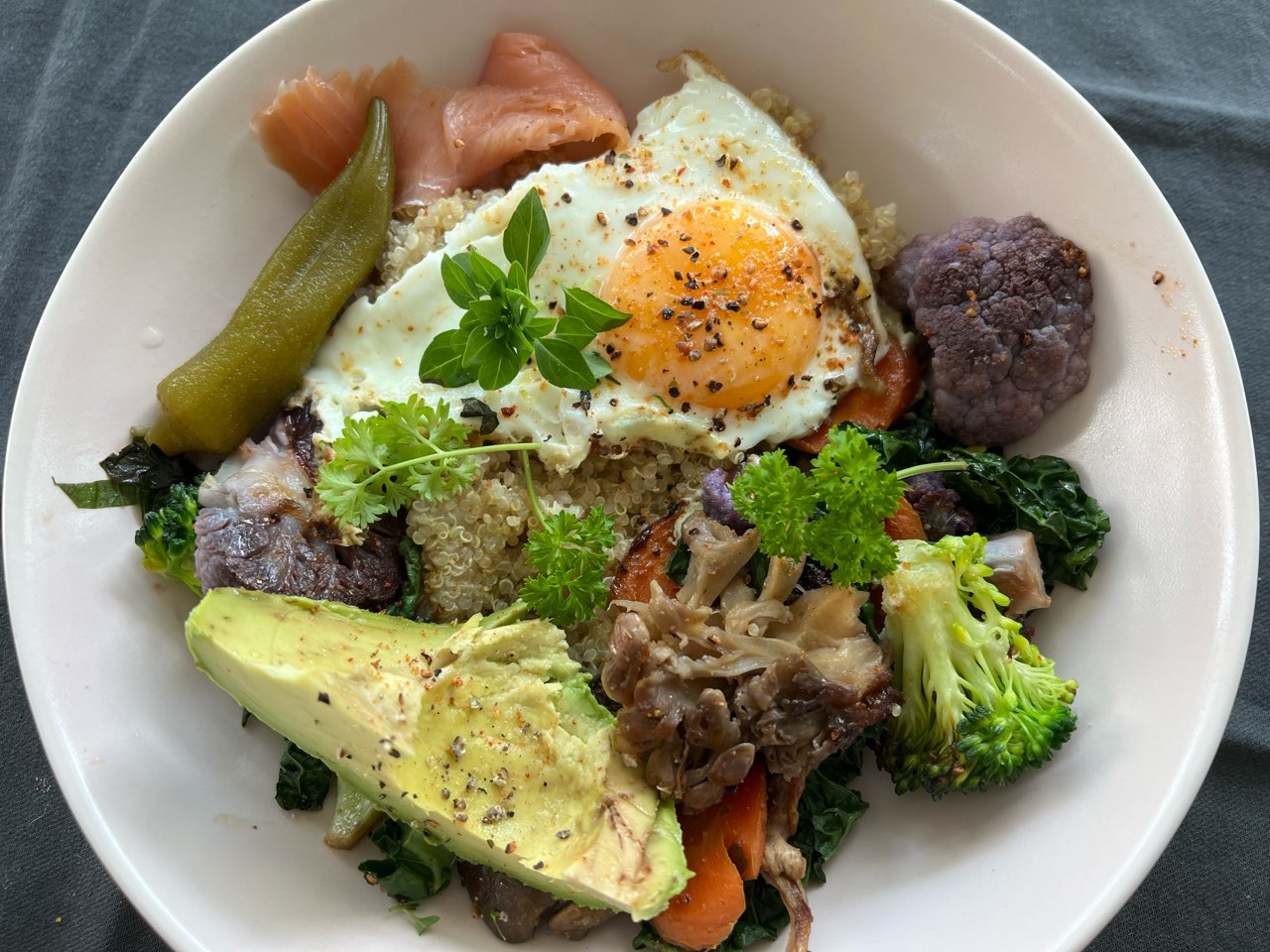 Quinoa bowl with cracked egg by Chef Z Fooducate Diet Motivation