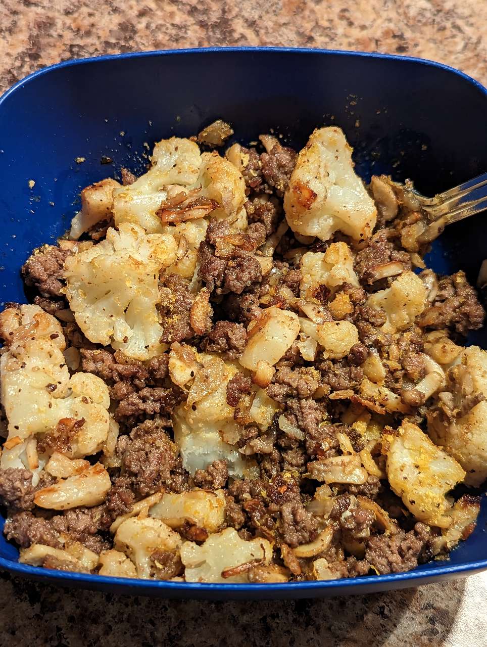 Ground beef with sauteed mushrooms and onion and roasted cauliflower