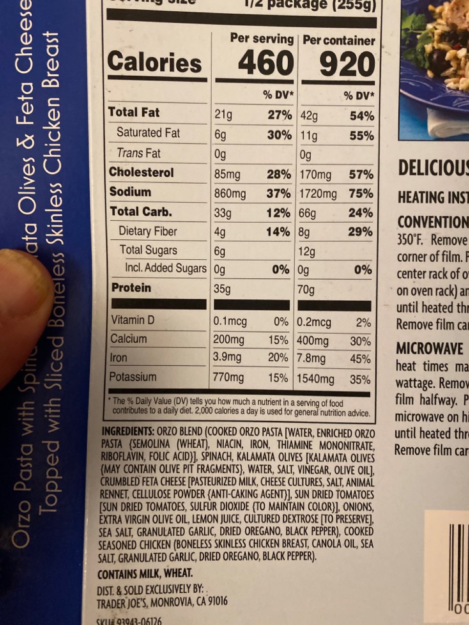 Trader Joe's Greek Style Chicken with Orzo, Spinach, and Feta Cheese Calories, Nutrition