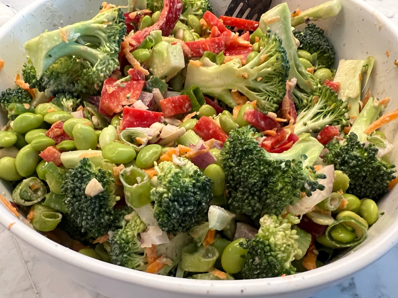 Broccoli Crunch Salad dinner with cashews and tahini dressing