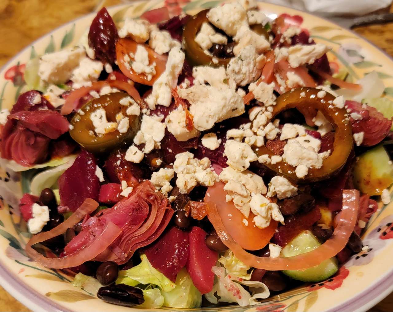 Leftovers Salad for Dinner! Lettuce, Beets, Hearts of Palm, Artichoke