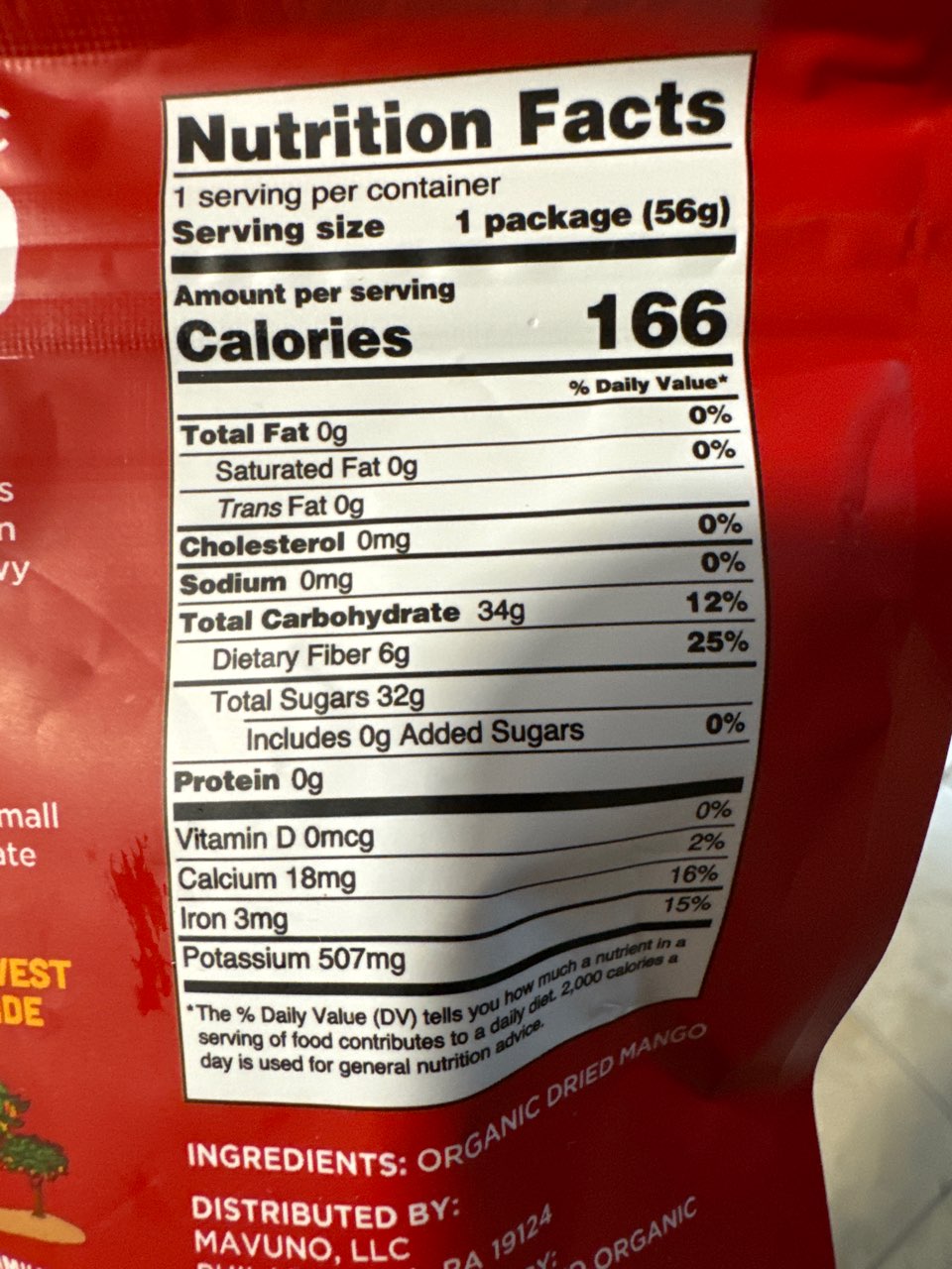 Mavuno Harvest 100 Organic All Natural Dried Mango Calories