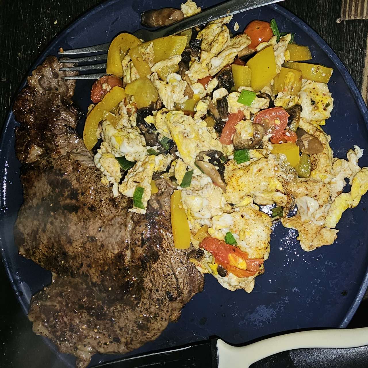 Halal ribeye steak with a veggie egg scramble. Fooducate Diet Motivation