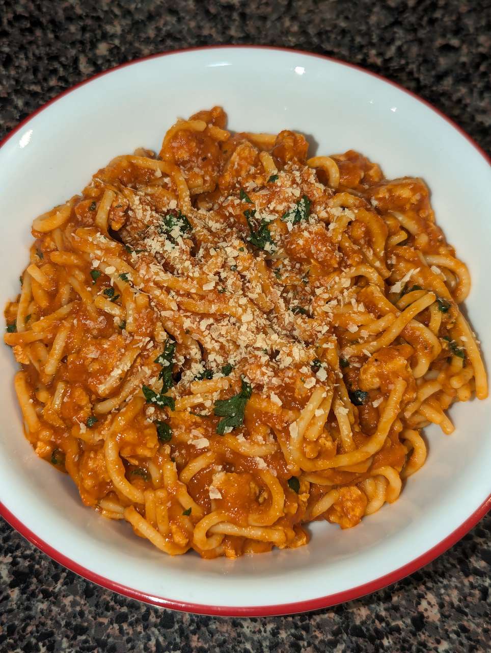 Veggie loaded spaghetti sauce on Barilla protein plus spaghetti and