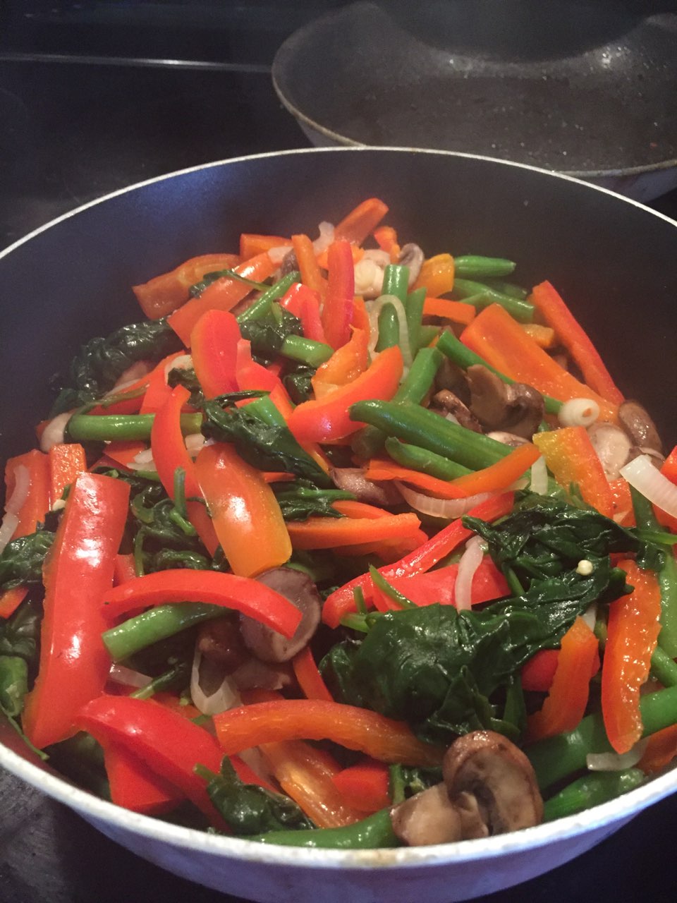spinach,peppers onion green bean bella mushrms Directions, calories