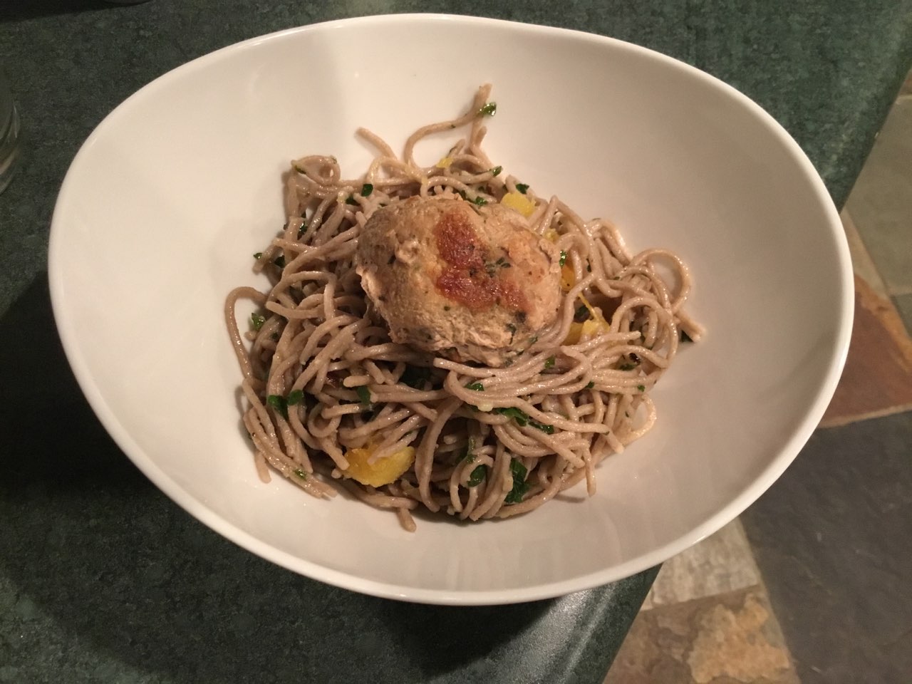 Soba noodles with pesto, squash and turkey meatballs Directions