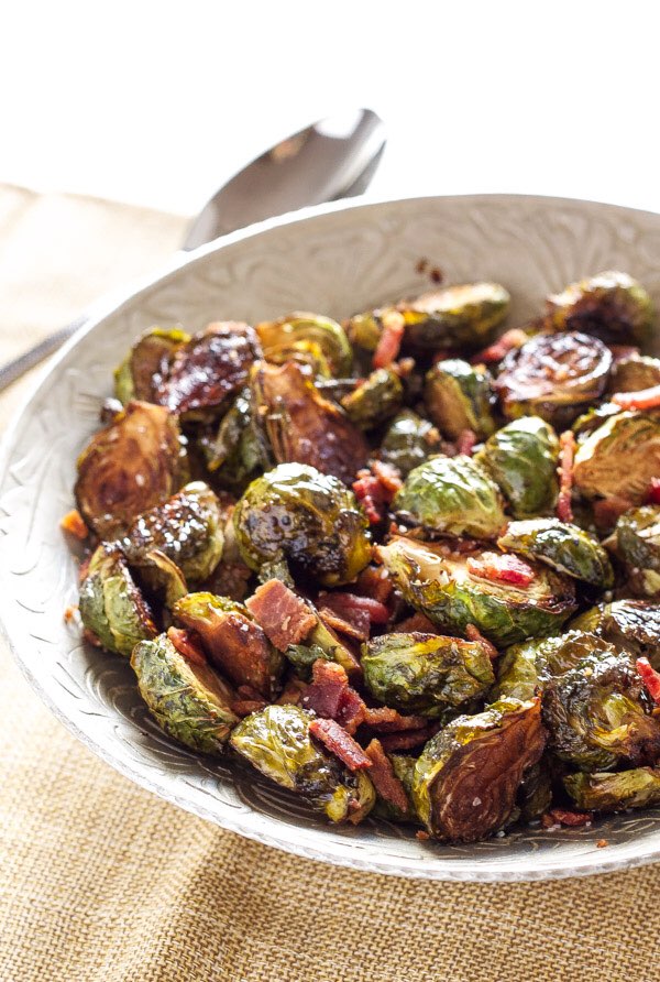 Sweet chili Panroasted Brussel sprouts with bacon and onion