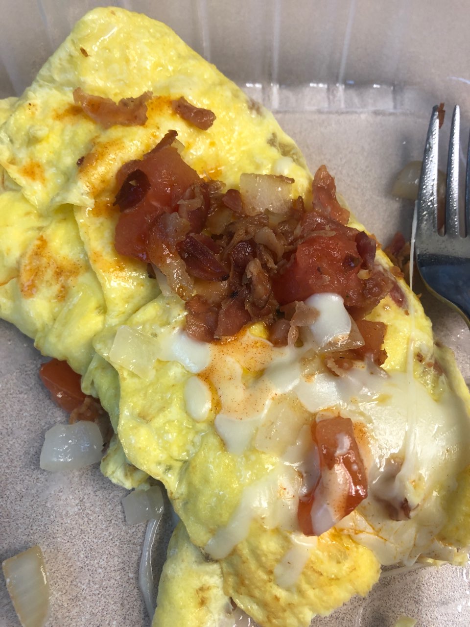 Bacon, onion, tomato, provolone omelette Directions, calories