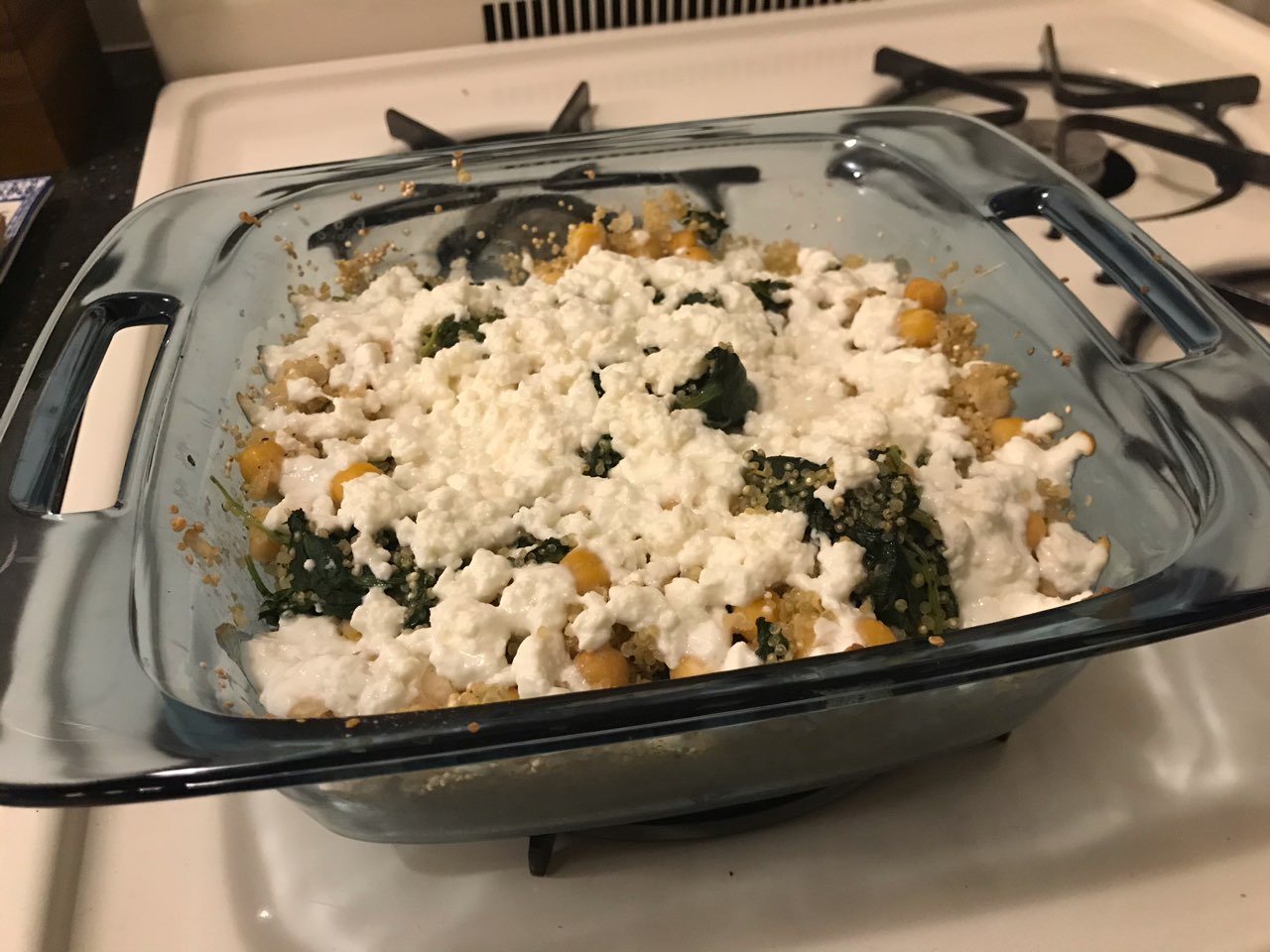 Quinoa, chickpea, kale and feta casserole Directions, calories