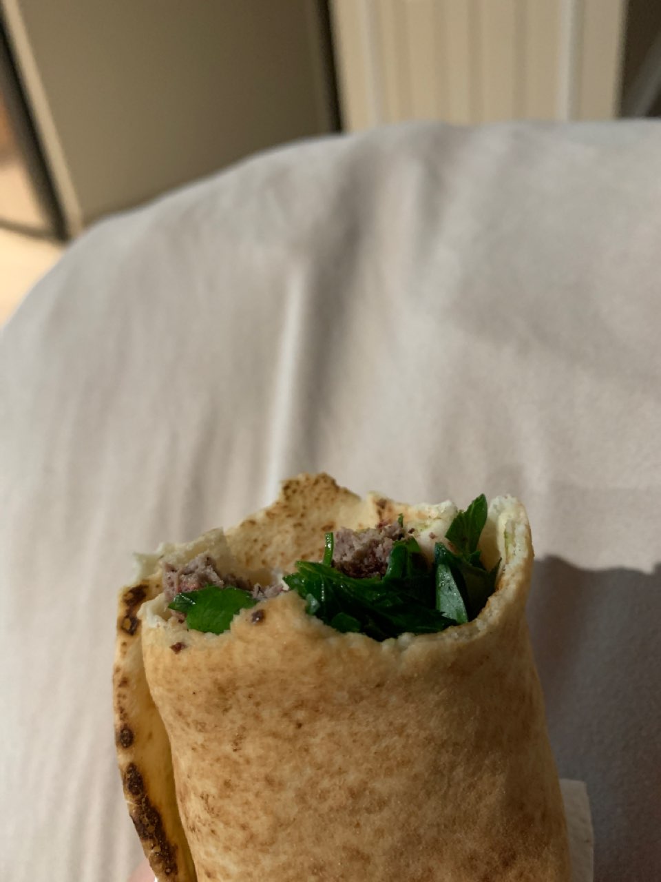 Meet kabob with pita bread and chopped parsley Directions, calories