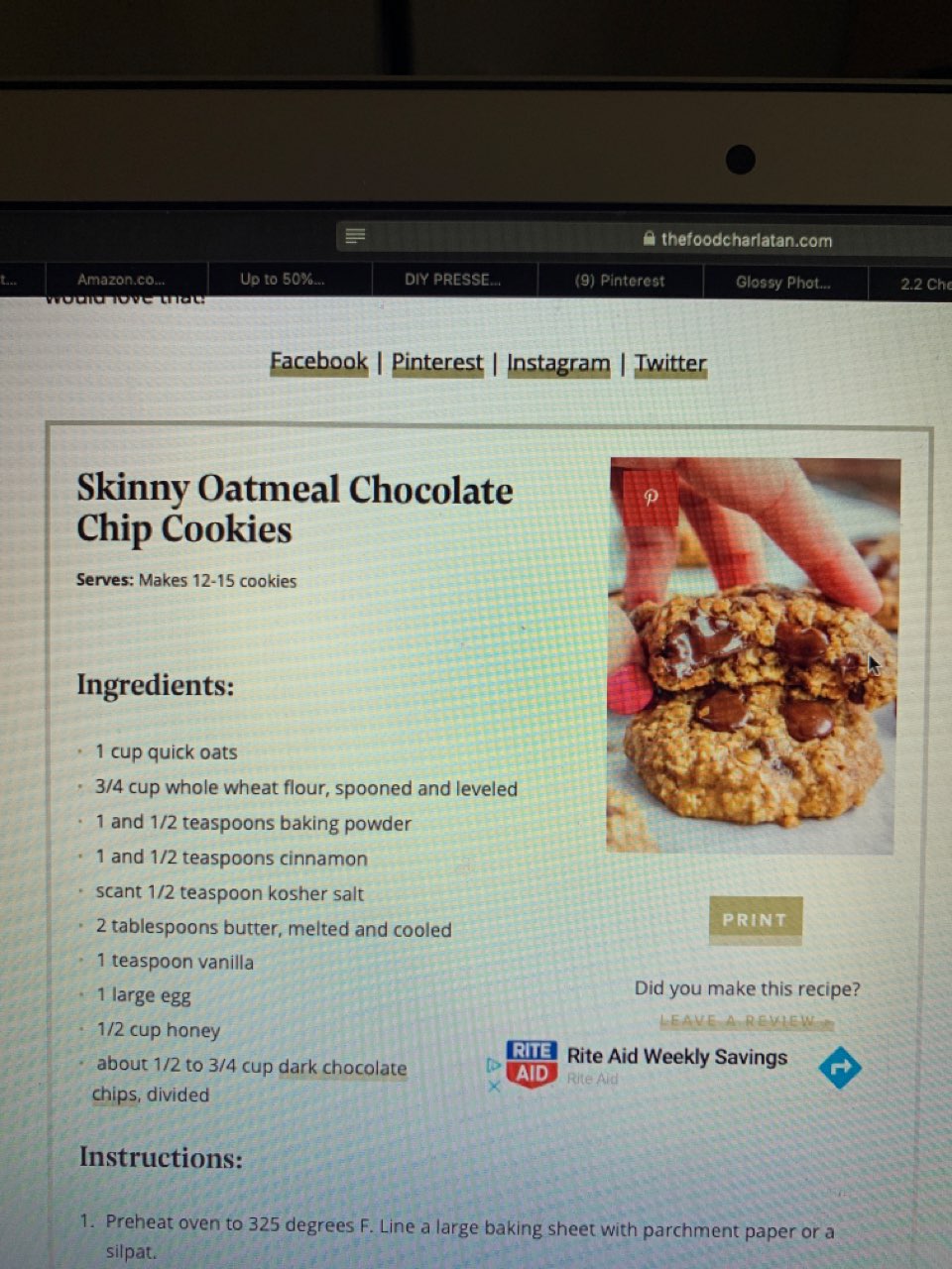 skinny Oatmeal Chocolate Chip Cookies Directions, calories, nutrition