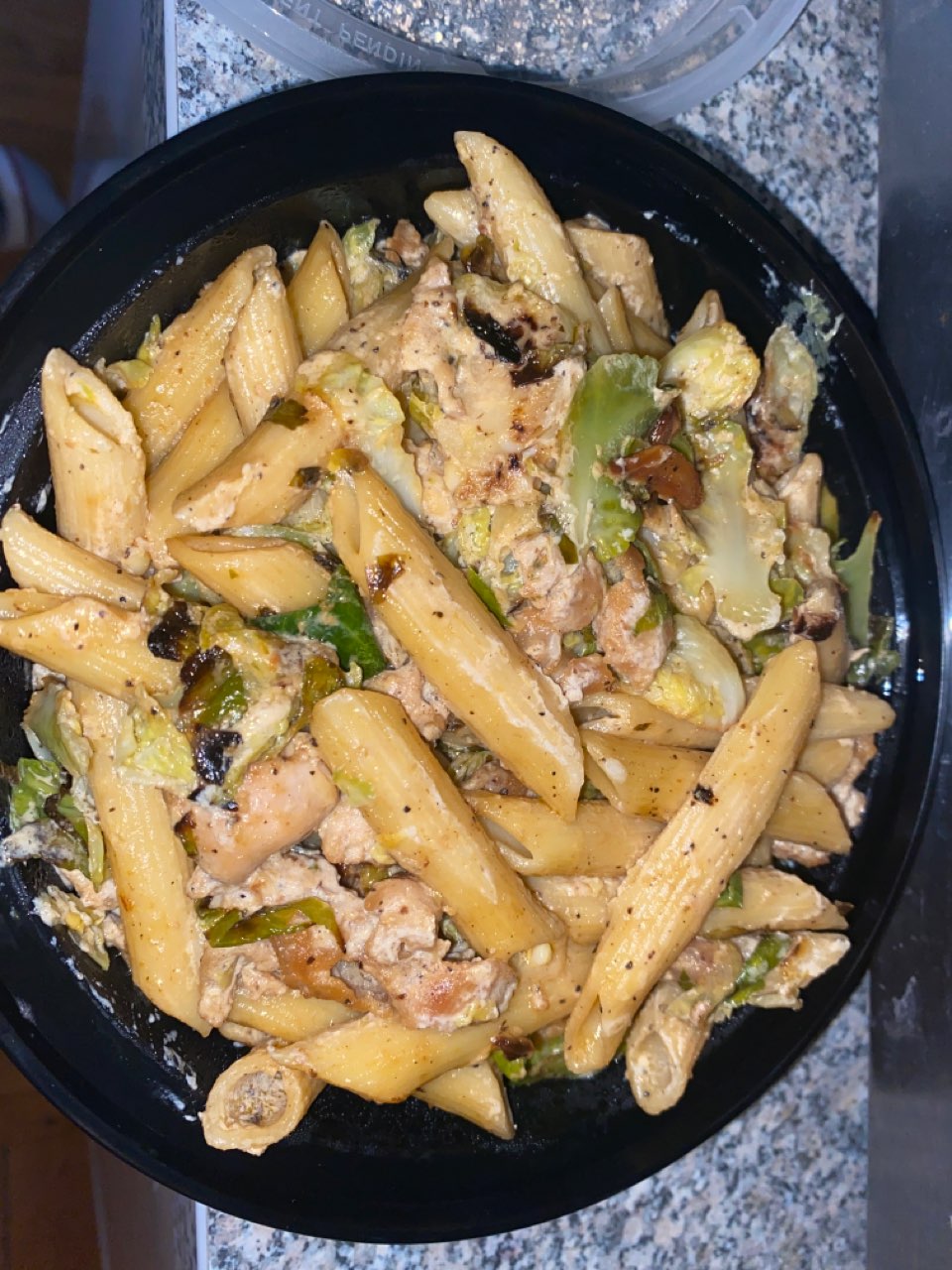 Diced Chicken Pasta with Brussels Sprouts and Garlic Chips Directions