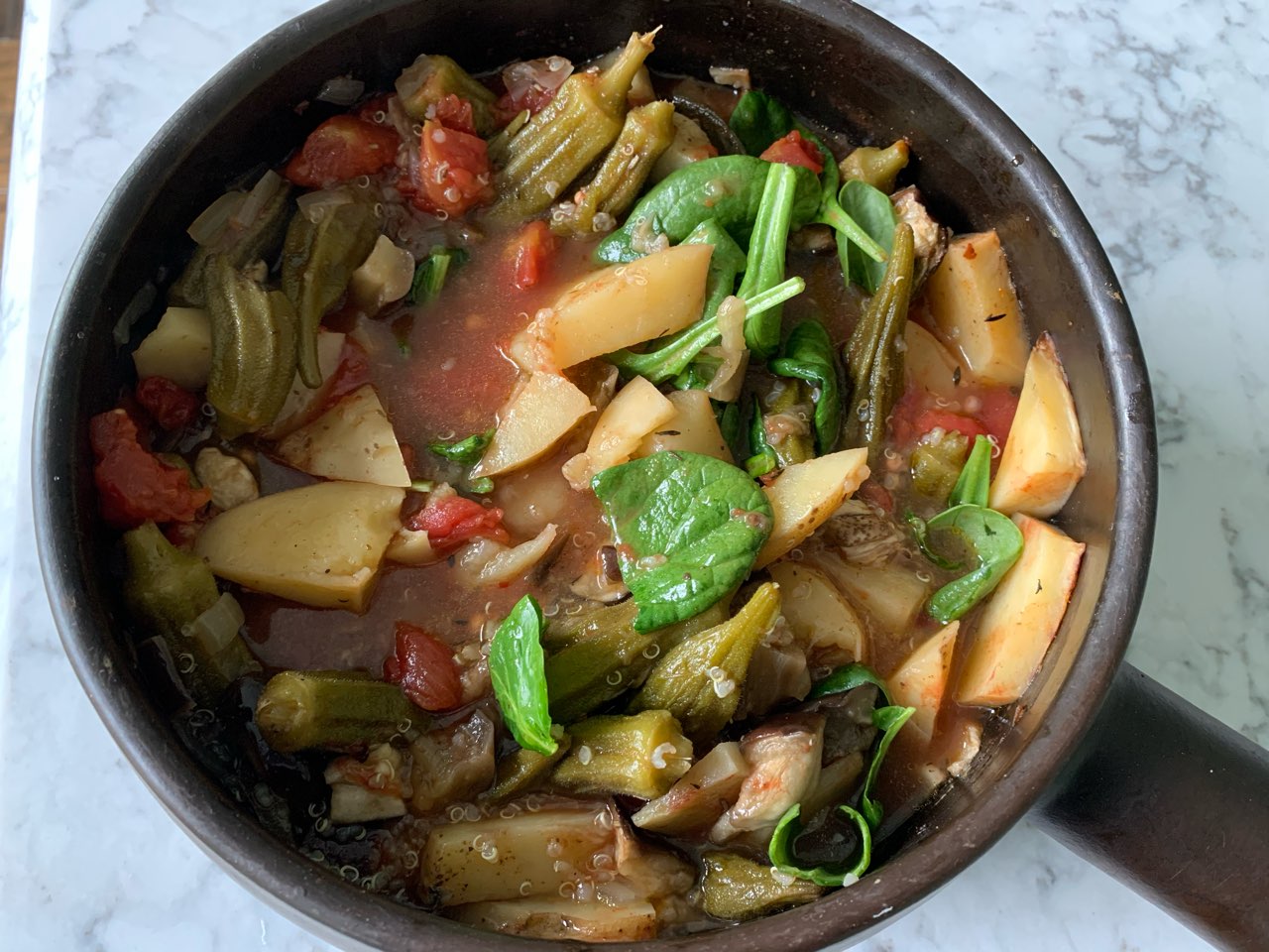 Okra, Eggplant and Potato Bake Directions, calories, nutrition & more