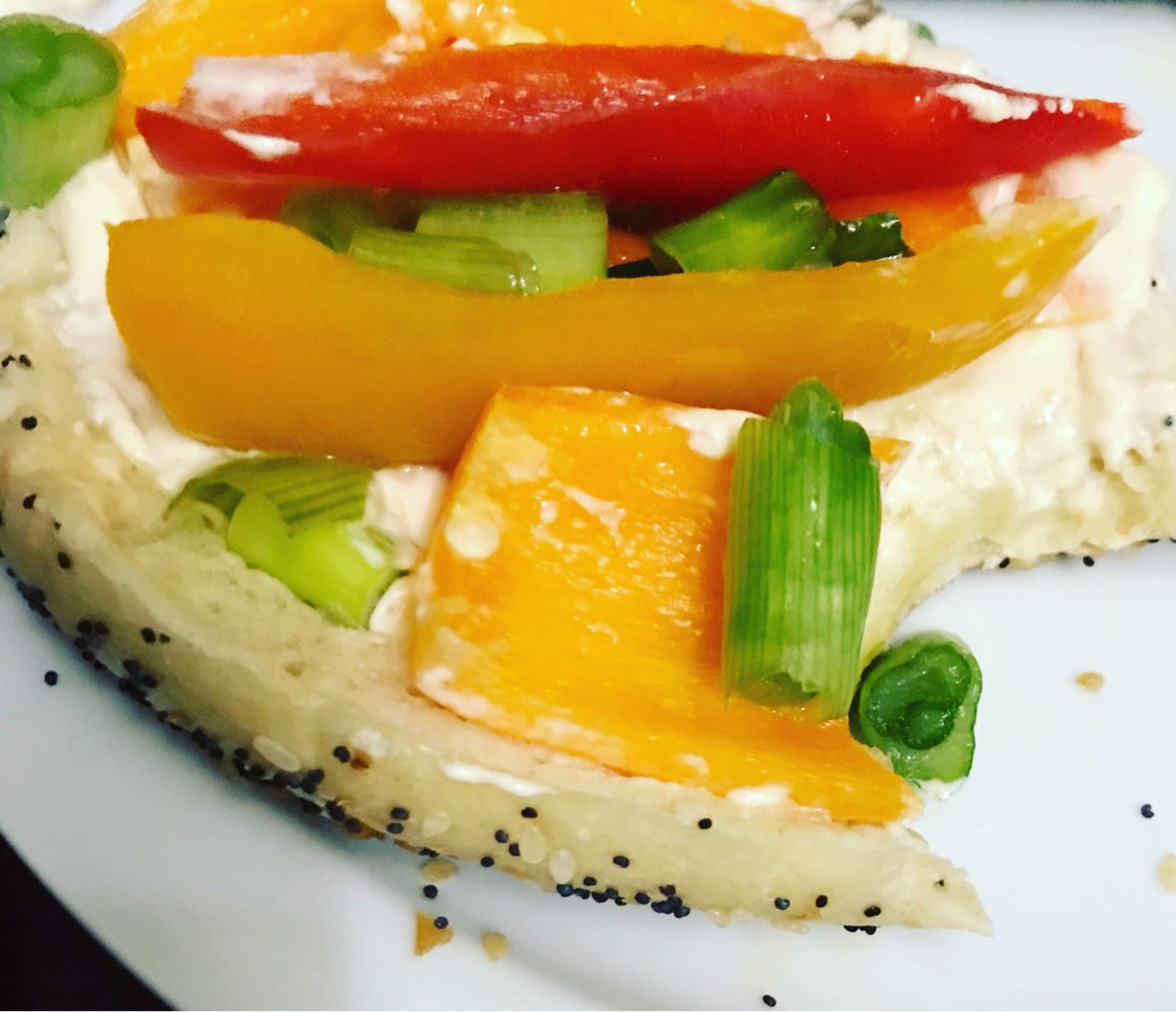 Pepper Bagel with Chives/green onions and Veggie Cream Chees... Directions, calories, nutrition