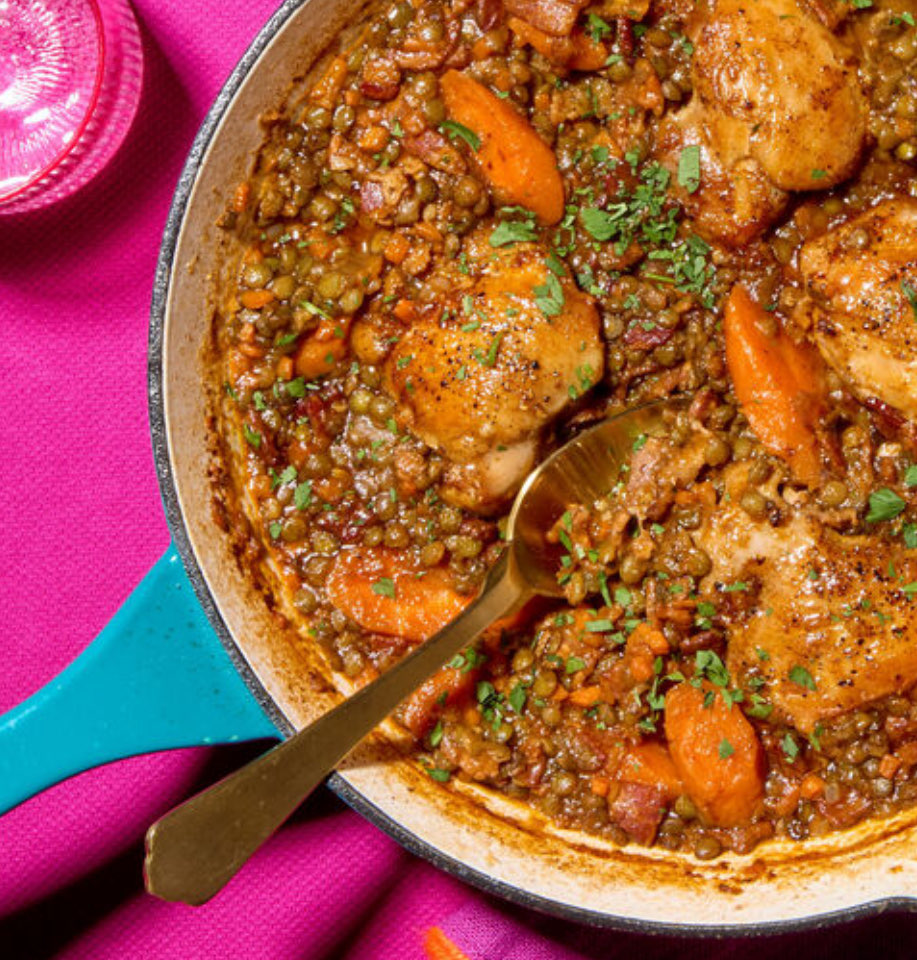 ONE PAN TOMATOBRAISED CHICKEN AND LENTILS Directions, calories